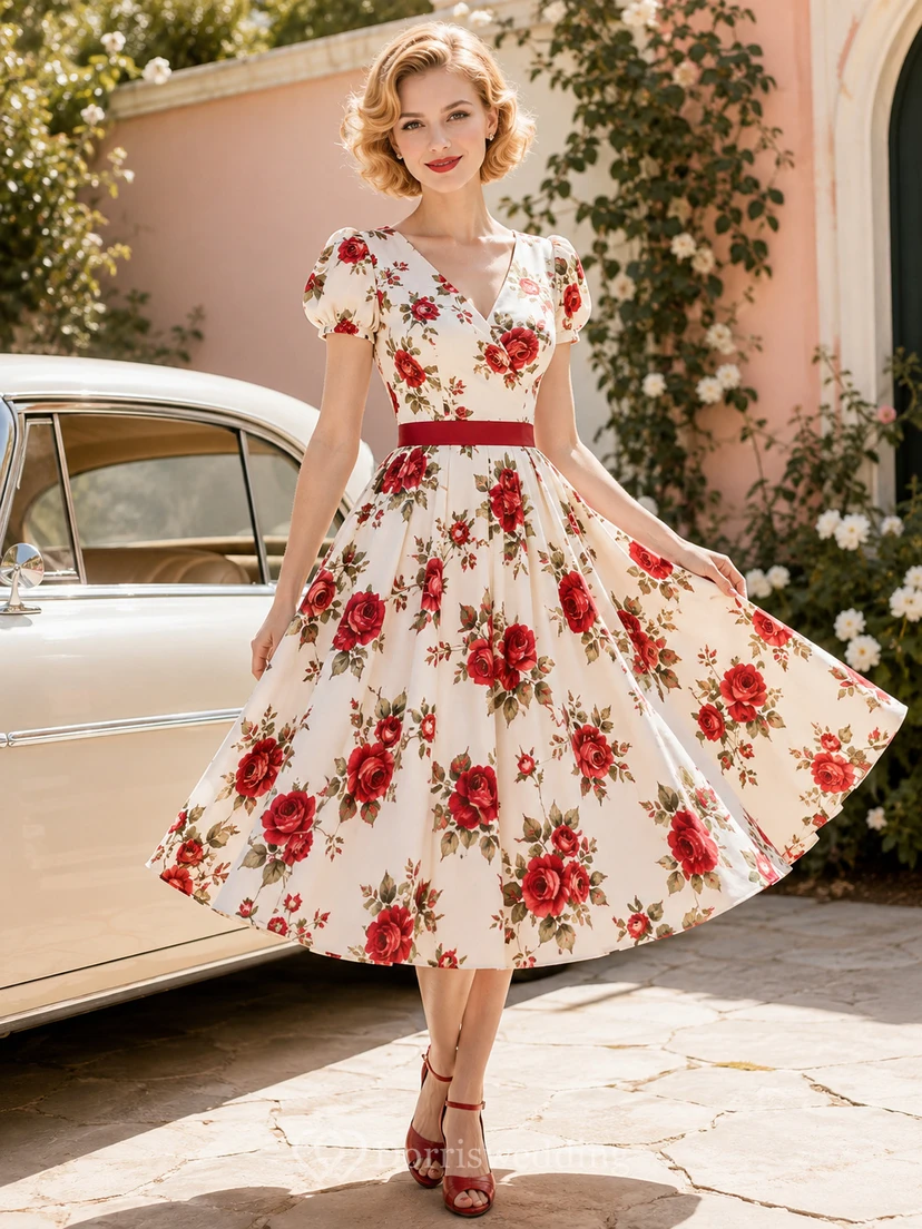 Vintage Ivory Red-Floral V-Neck Cap-Sleeve Belted Fit-and-Flare Tea-Length Rockabilly Cocktail Dress