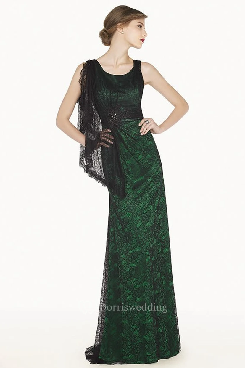 Scoop Neck Sheath Long Allover Lace Prom Dress With Shoulder Side Drape