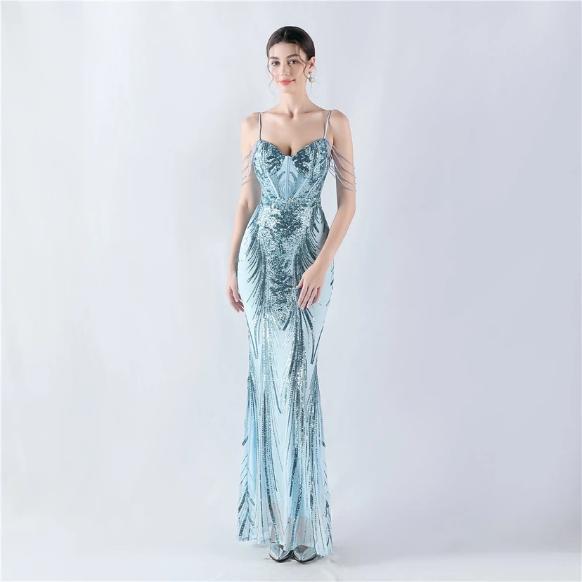 Waist-Reduced Fishbone Shaping Positioning Flower Sequined Anchor Sexy Beaded Suspender Evening Dress view 62