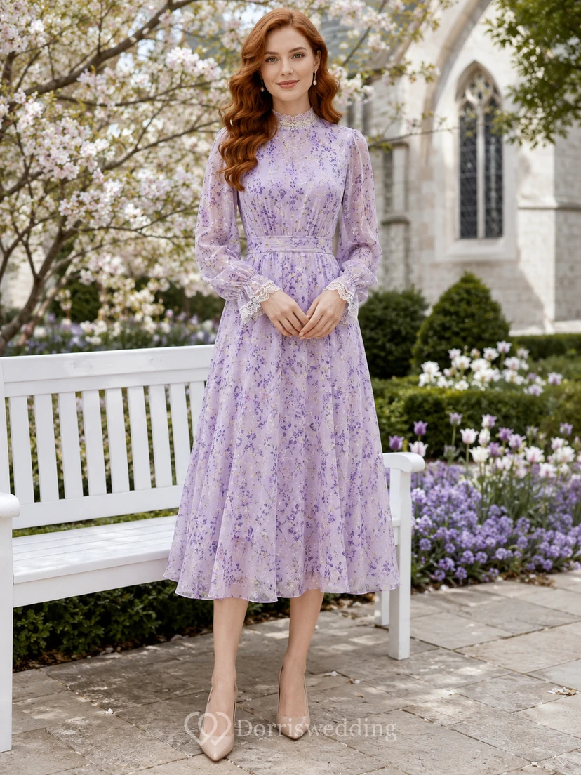 Lavender Floral Long Sleeve High Neck Midi Easter Dress