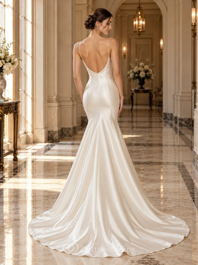 Simple Open Back Cowl Neck Spaghetti Satin Mermaid Wedding Dress view 2