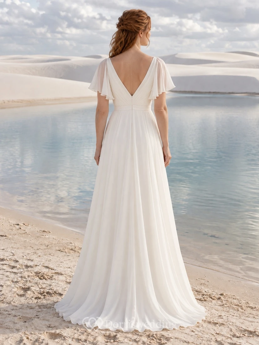 V Neck Flutter Sleeve Chiffon Wedding Dress with Wrapped Bodice and A-Line Skirt view 2