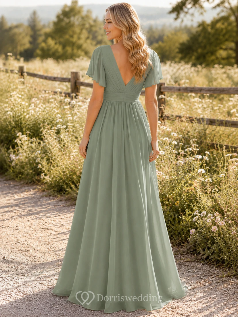 Sage Chiffon A-Line V-Neck Flutter Sleeve Pleated Low Back Floor-Length Bridesmaid Dress view 2