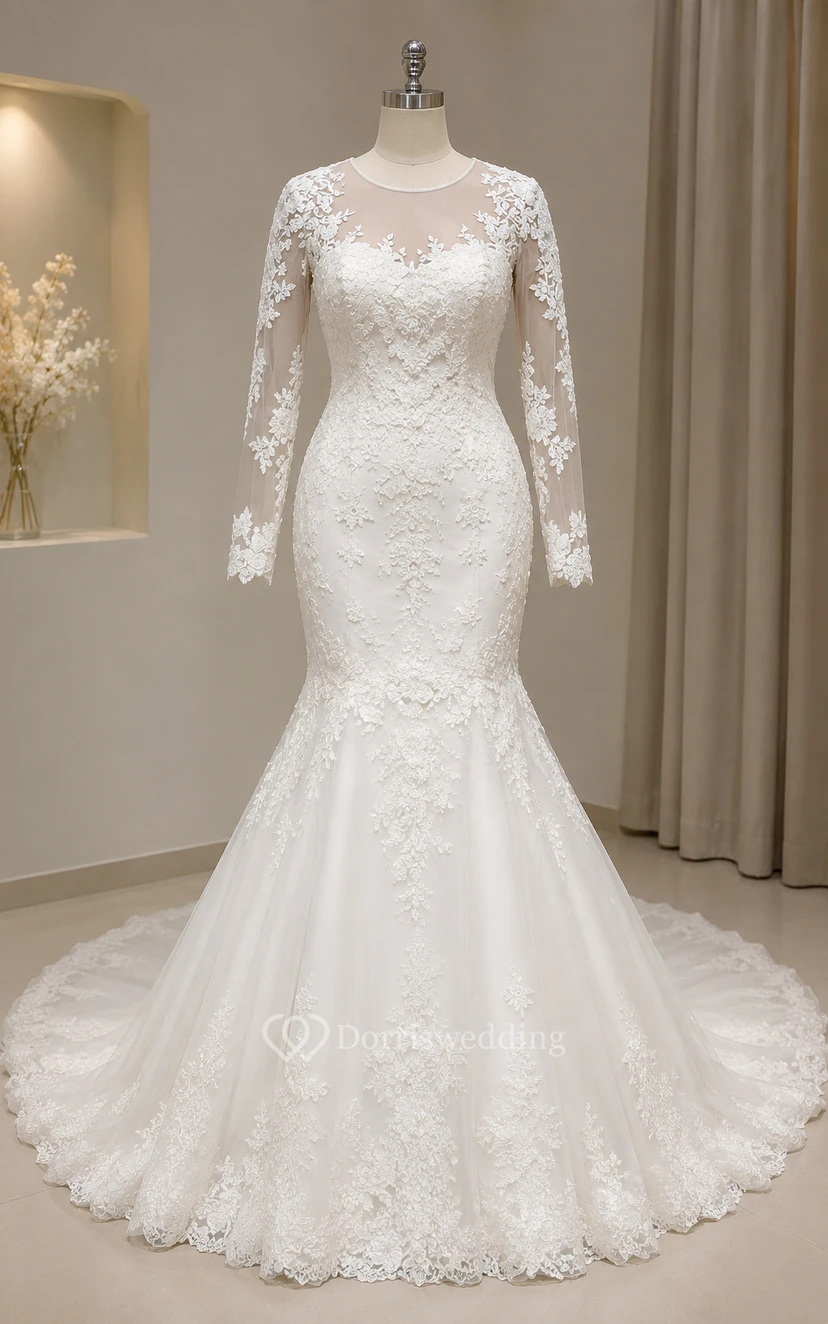White Plus Size Long Sleeve Lace Mermaid Wedding Dress view 6