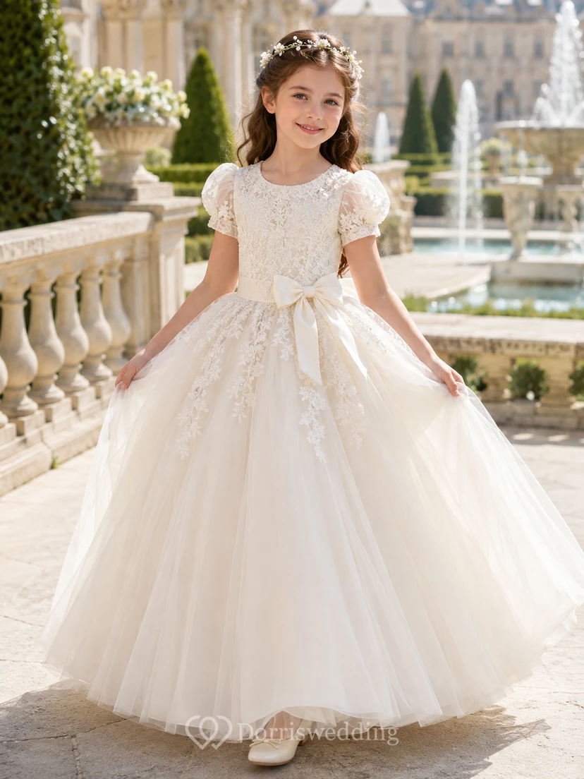 Regal Jewel Neck Puff Sleeve Lace Communion Ball Gown