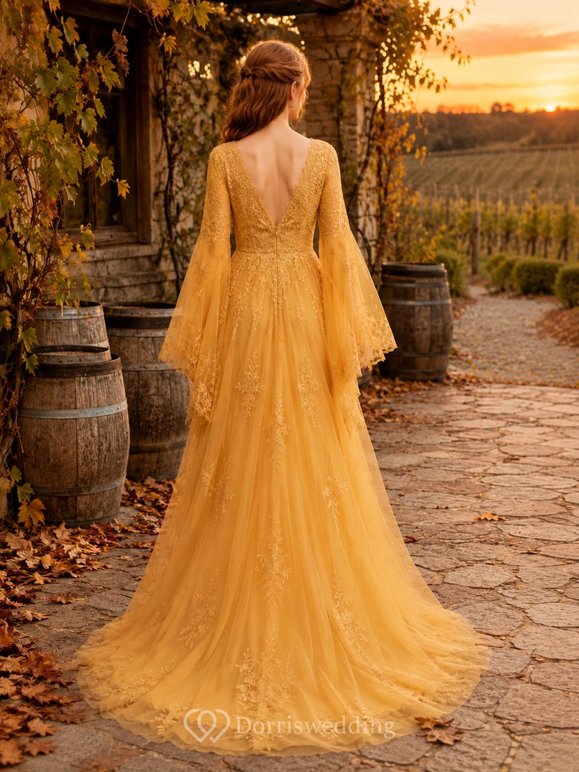 Mustard Lace Bell Sleeve Vineyard Train Bridal Gown view 2