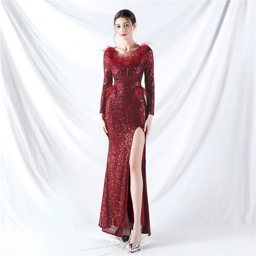 Craft-Made Ostrich Feather Long-Sleeved Beads Evening Dress view 23