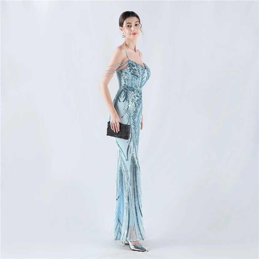 Waist-Reduced Fishbone Shaping Positioning Flower Sequined Anchor Sexy Beaded Suspender Evening Dress view 64