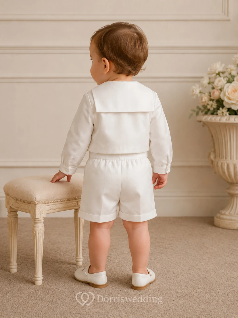 White Sailor Collar Button Front Christening Short Suit Set for Baby Boy view 2
