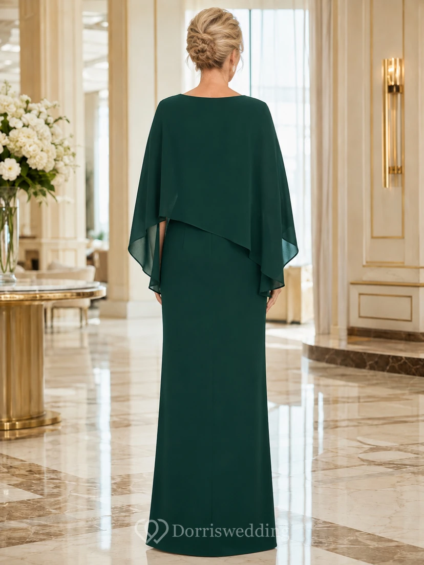 Dark Green Floor-Length Sheath Simple Mother of the Bride Gown with Scoop Neck Elbow Cape Overlay and Closed Back view 2