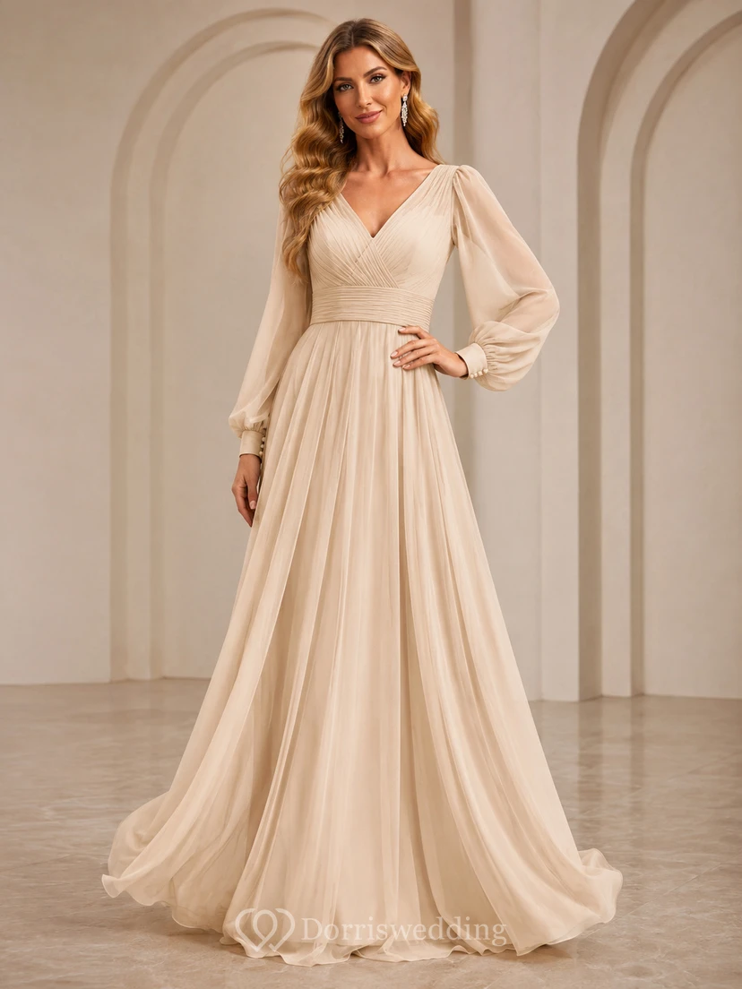 Elegantes, bodenlanges Chiffonkleid in Champagner mit V-Ausschnitt und Poetenärmeln für festliche Anlässe