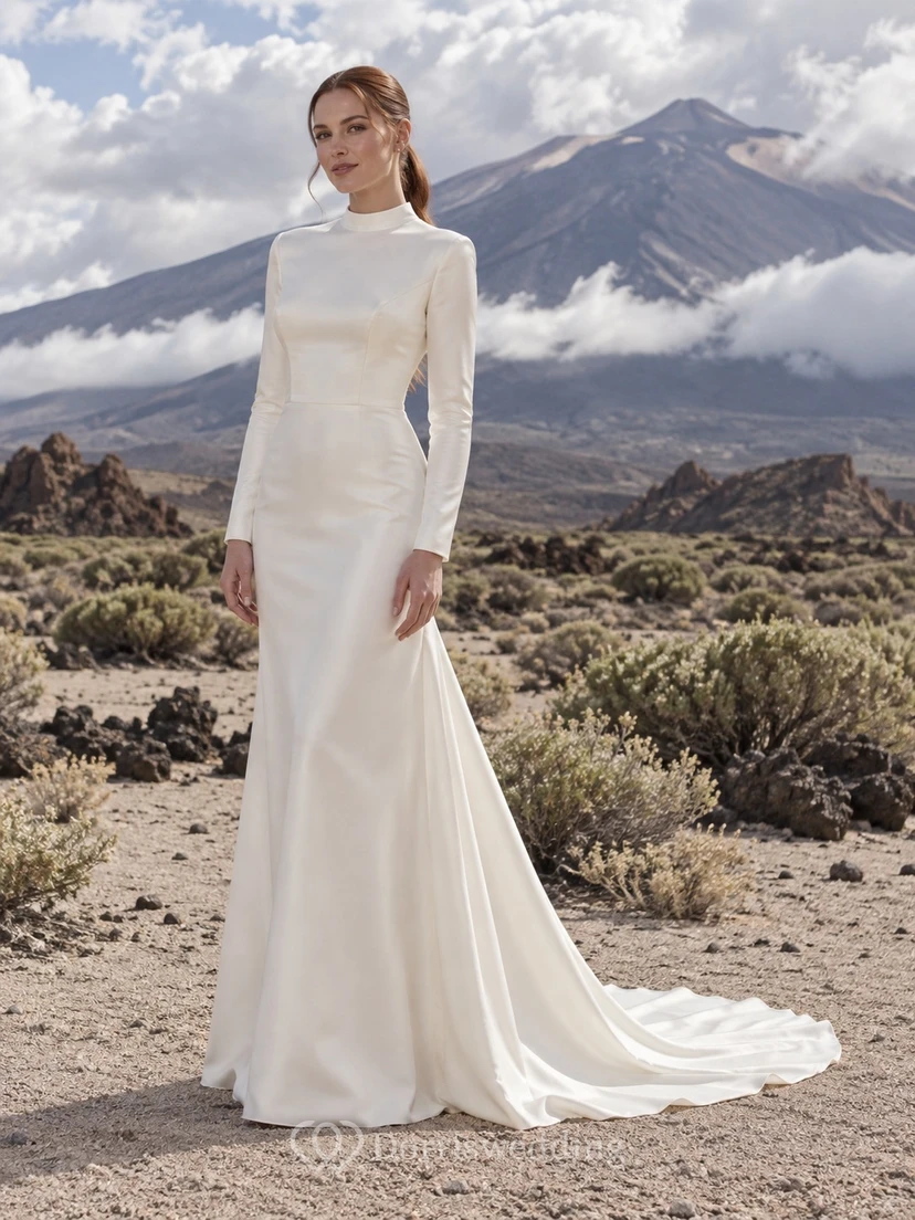 Vestido de novia sencillo de satén con cuello alto, manga larga y cola larga, estilo sirena.