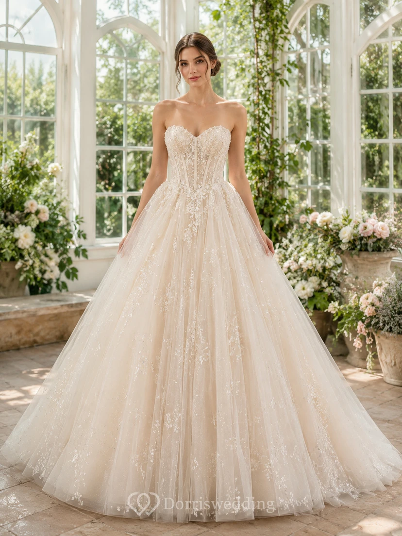Tüll-Hochzeitskleid, A-Linie, V-Ausschnitt, ärmellos, Kapellenschleppe
