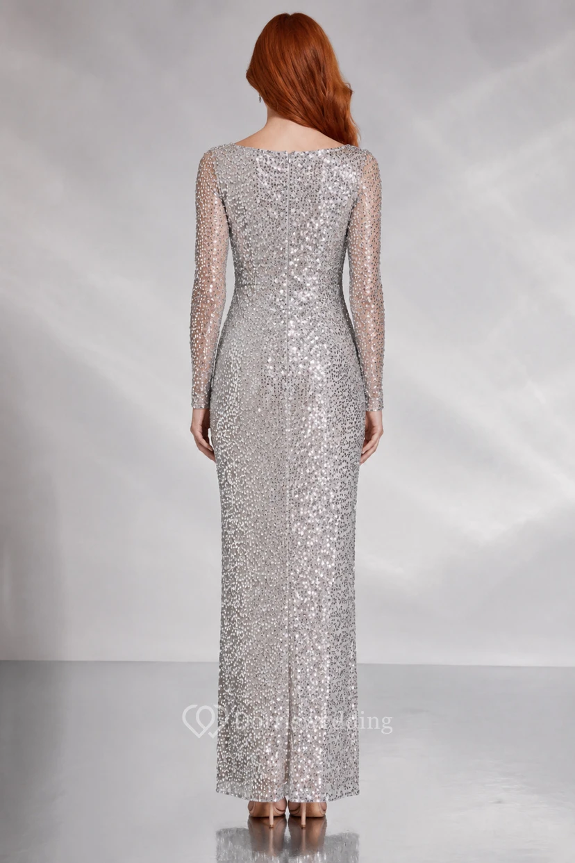 Evening Gown Silver Sequin Sheath Bateau Neck Long Sleeve Floor Length view 2