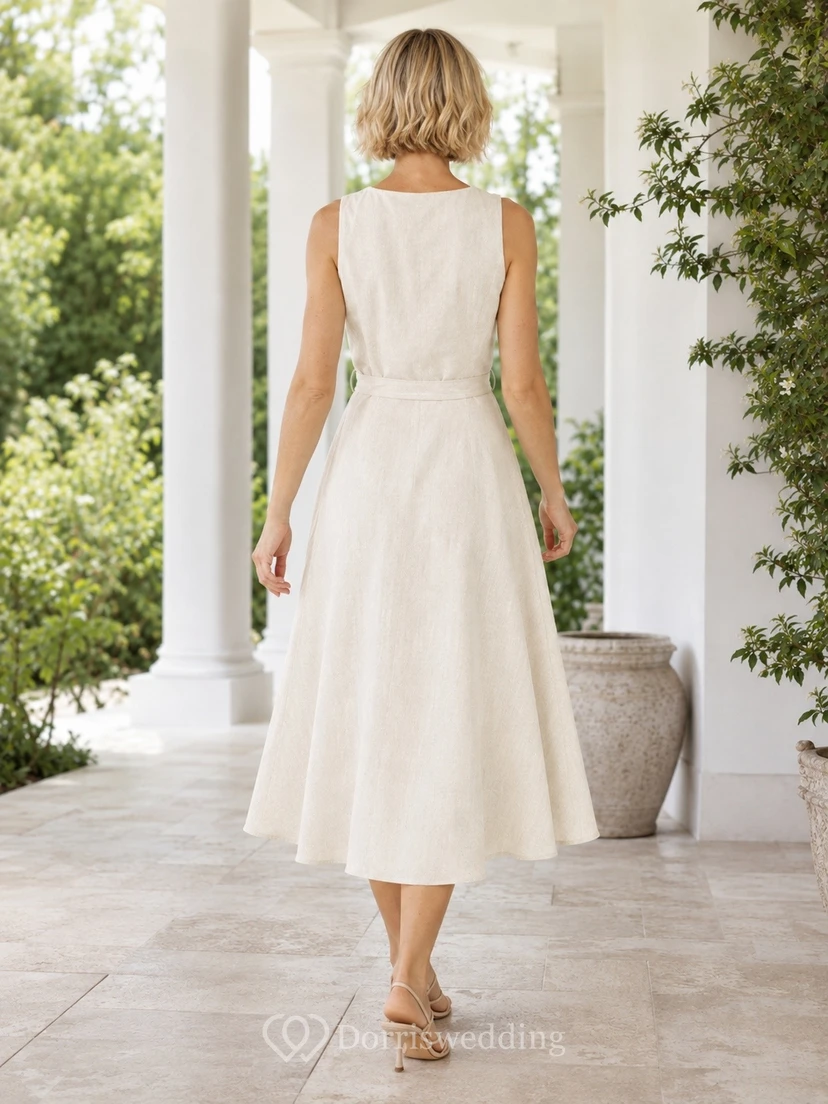Ivory Chiffon Wrap Sleeveless A-line Tea-length Guest Dress view 2