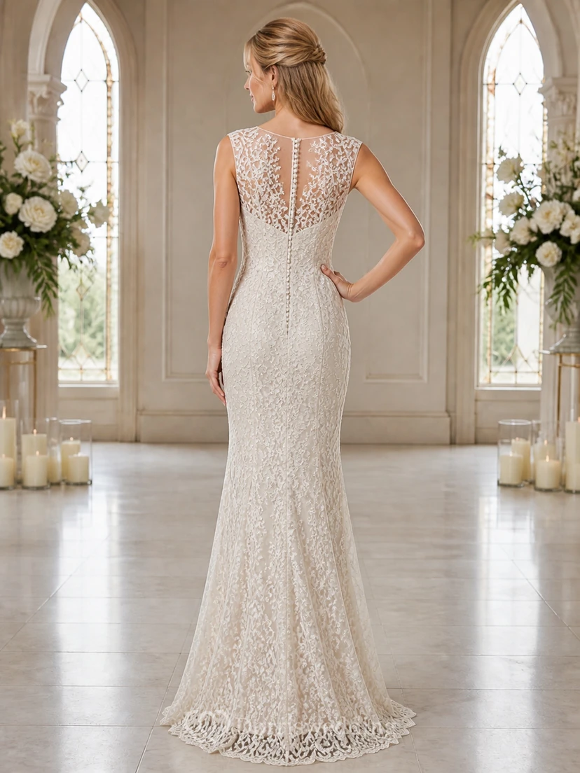 Vestido de novia modesto de encaje floral sin mangas con escote ilusión estilo sirena view 2