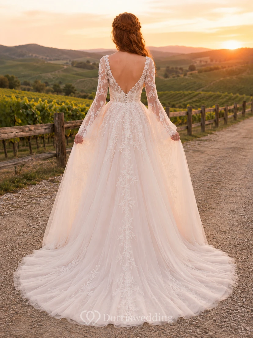 V Neck Embroidered Sleeve Sunset Vineyard Bridal Gown view 2