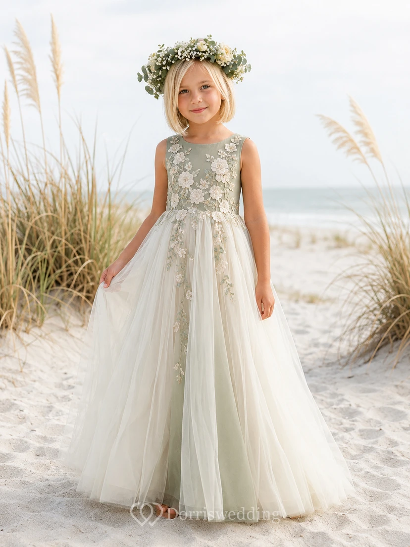 Flower Girl Dress Ivory Lace Tulle A-Line Scoop Neck Tea Length Bow Back