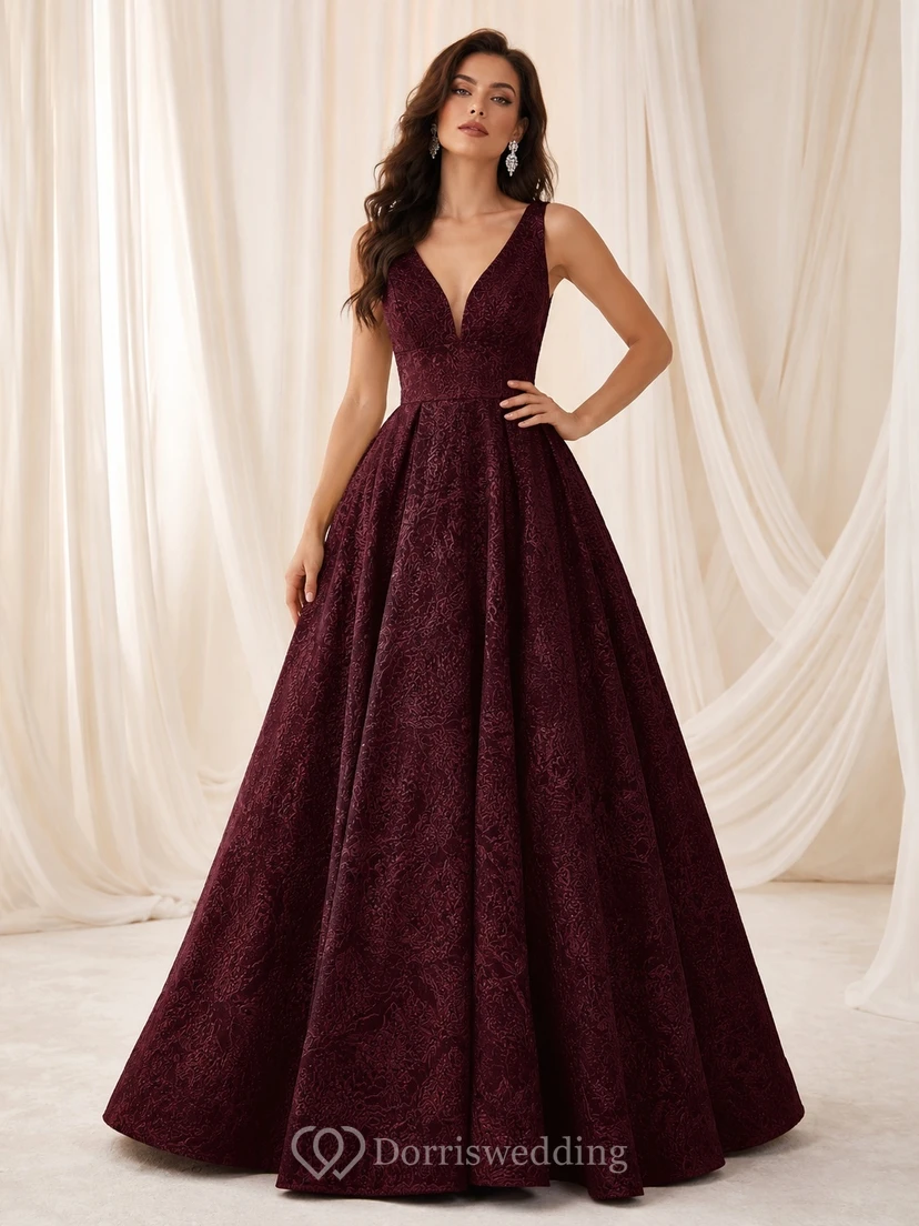 Burgundy Deep V-Neck Embossed Crepe Ball Gown Floor-Length Prom Evening Dress