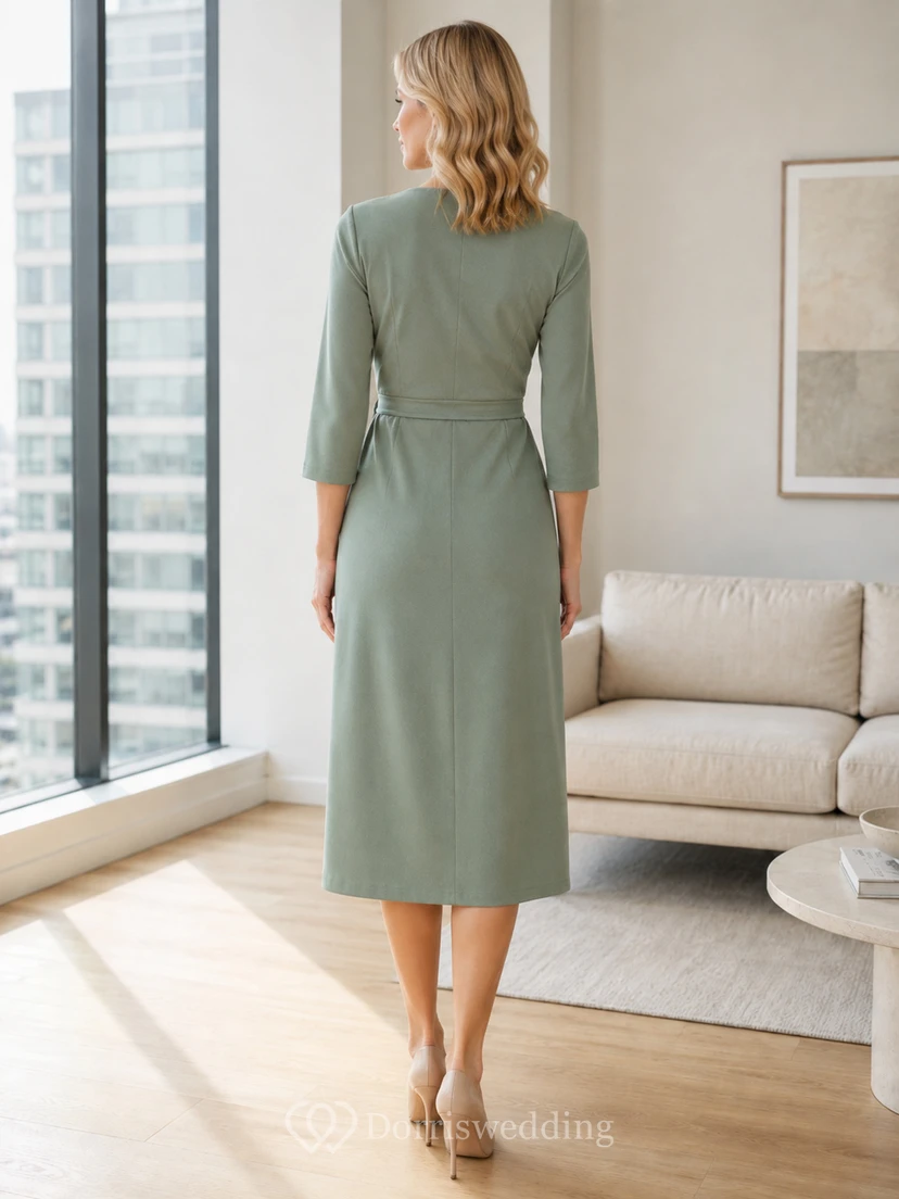 Muted green three quarter sleeve V-neck wrap office dress view 2