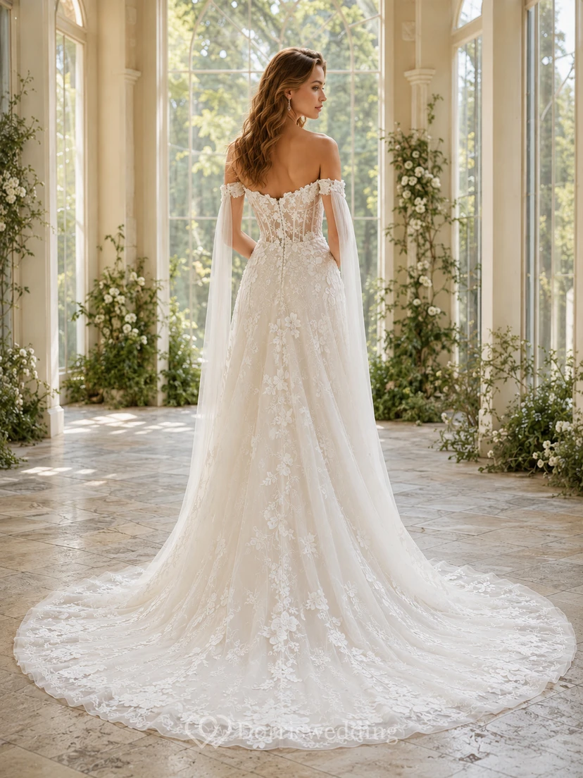 Robe de mariée bustier cœur en dentelle botanique, coupe trapèze, traîne chapelle illusion, épaules dénudées view 2