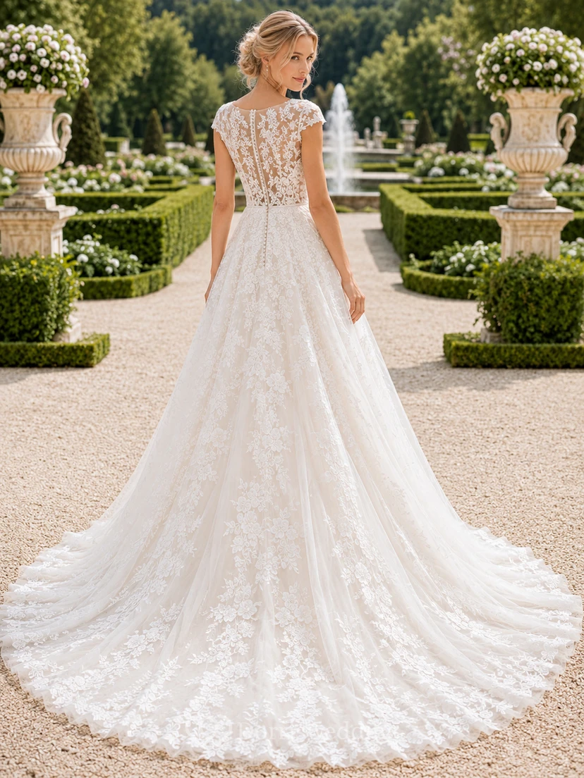 Brautkleid im französischen Gartenstil mit kurzen Ärmeln und Spitze in A-Linie view 2