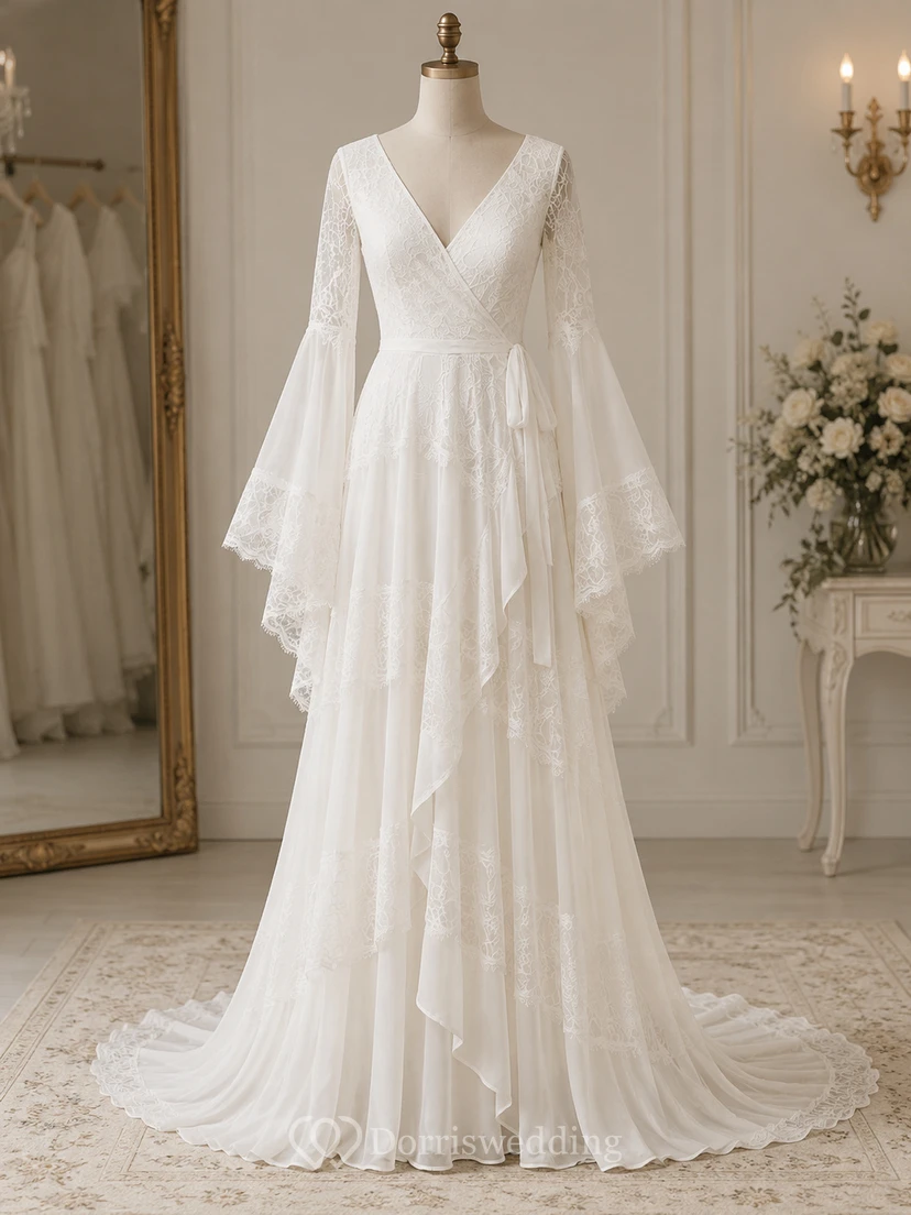 Long Bell Sleeve Lace A-Line Wedding Dress with Ruffle Drape view 7