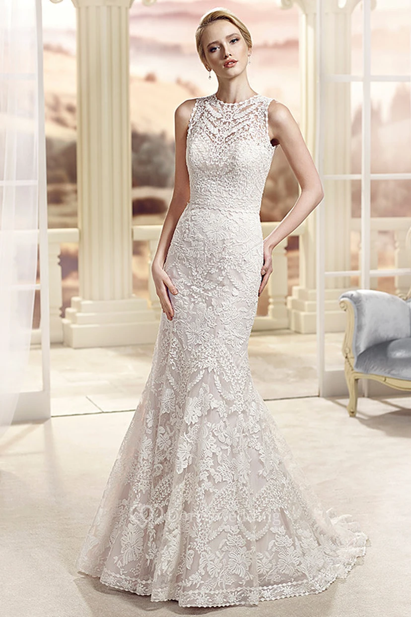 Sheath Sleeveless High Neck Lace Wedding Dress With Illusion