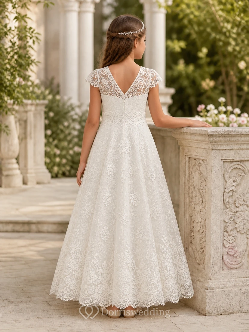 Modest Floor-length A-Line Scoop Cap Sleeve Floral Lace Flowergirl Dress view 2