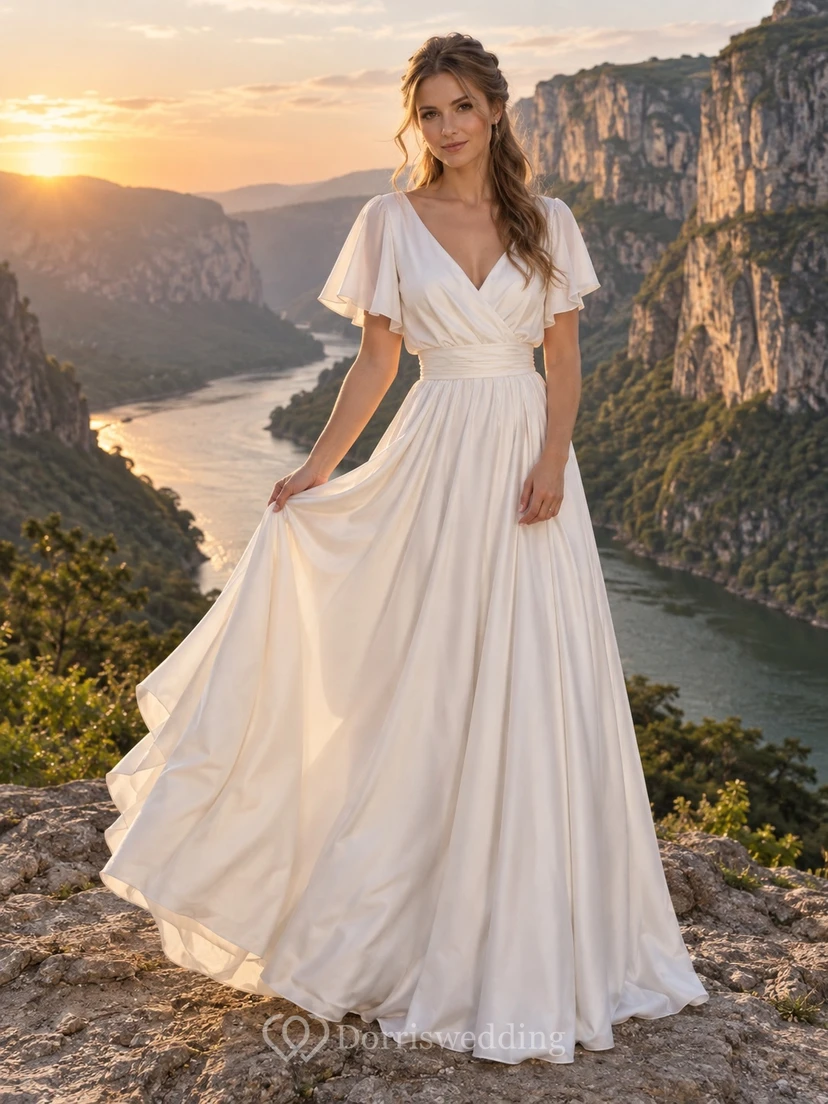 Simple V Neck Flutter Sleeve Cotton Sateen Wedding Dress with Draped A-Line Bodice