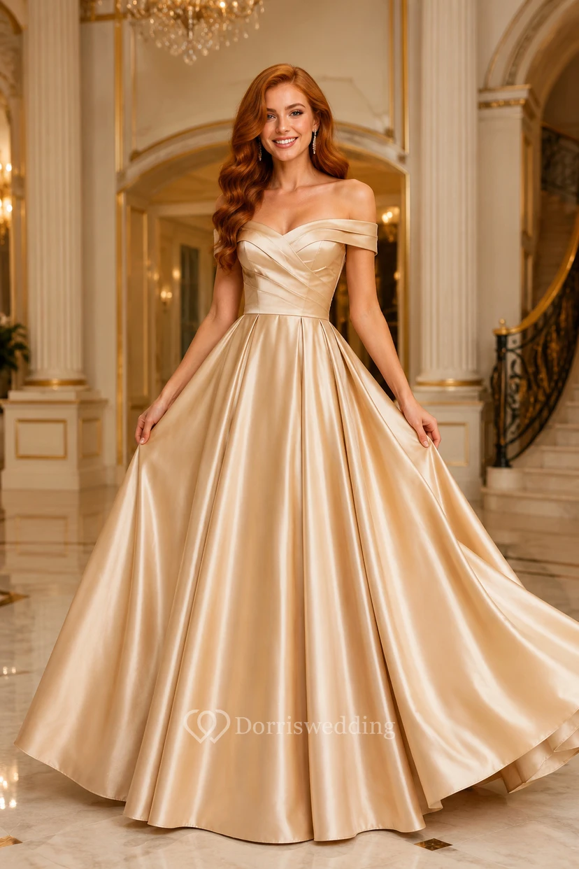 Champagne Off-the-Shoulder Satin Ball Gown with Foldover Neckline