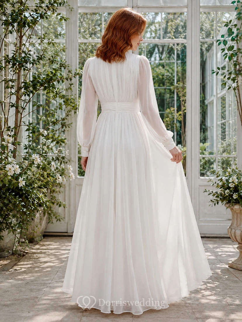 White Chiffon V-Neck Long Sleeve A-Line Floor-length Romantic Dress view 2