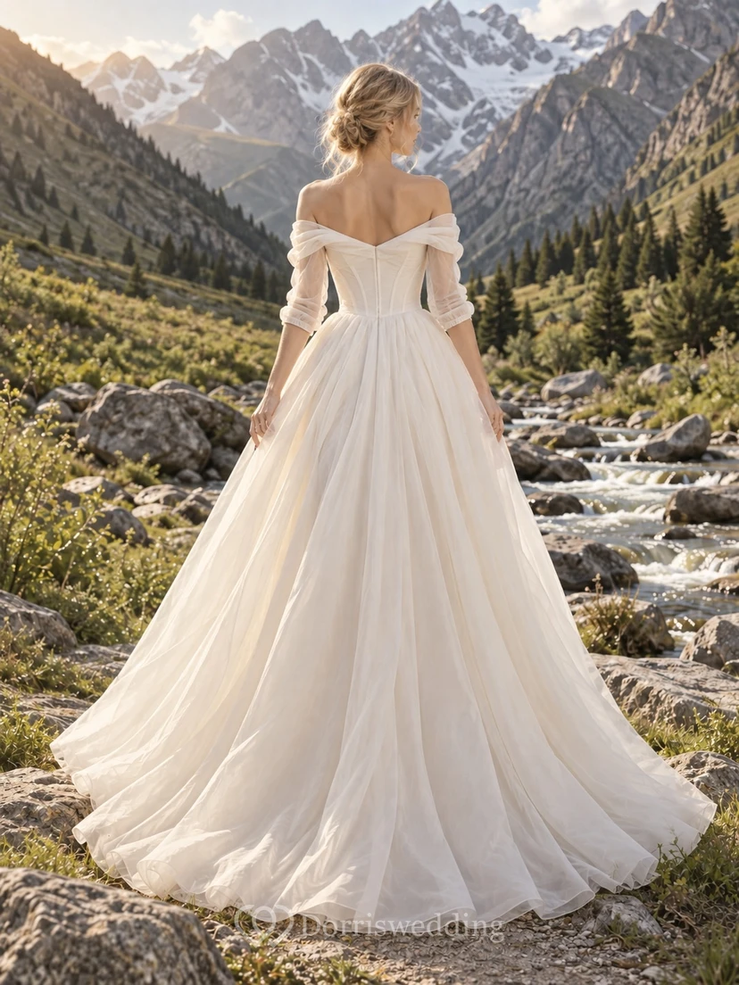 Simple Off Shoulder Organza Three Quarter Sleeve Wedding Dress view 2
