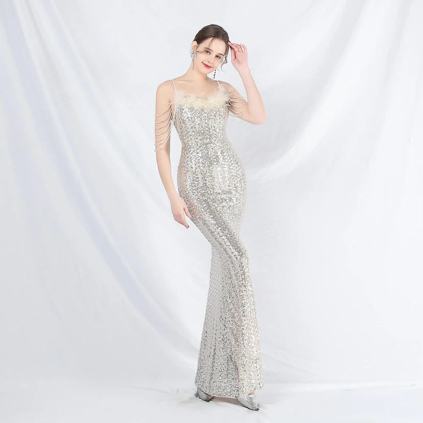 Craft Beaded Ostrich Feather Fantasy Sequined Long Evening Dress view 40
