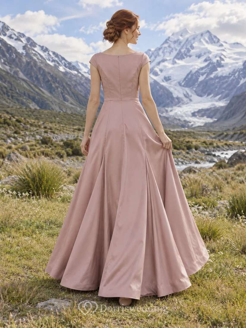 Schlichtes, altrosafarbenes Brautkleid aus Satin mit kurzen Ärmeln und A-Linien-Schmuck view 2