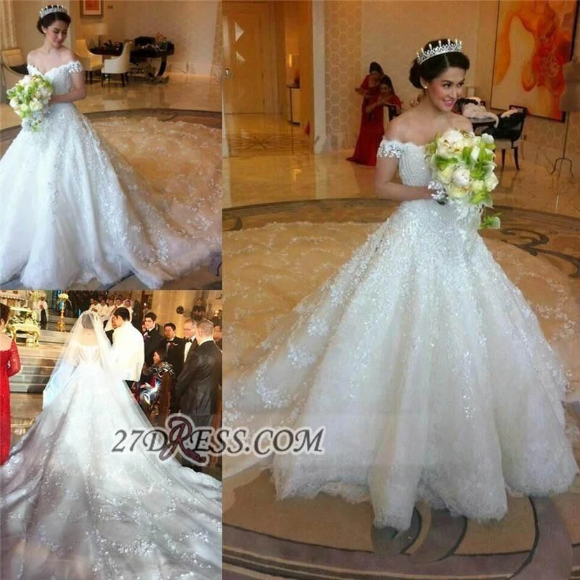 Elegant Off-shoulder Tulle Wedding Dress Ball Gown With Lace Appliques view 2