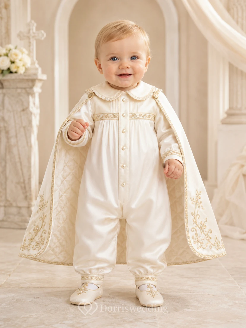 Luxuriöser elfenbeinfarbener Langarm-Jumpsuit mit goldbesticktem Cape zur Taufe – perfekt für Babys