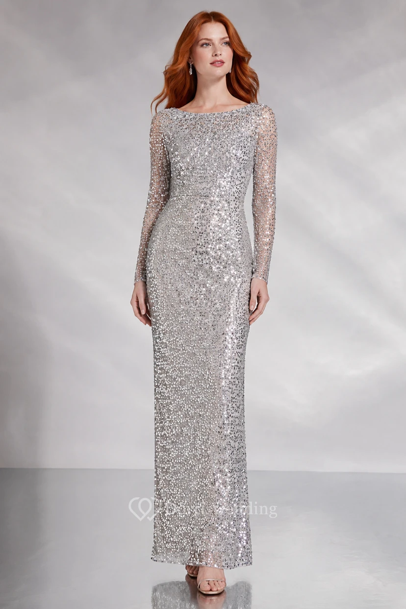 Evening Gown Silver Sequin Sheath Bateau Neck Long Sleeve Floor Length