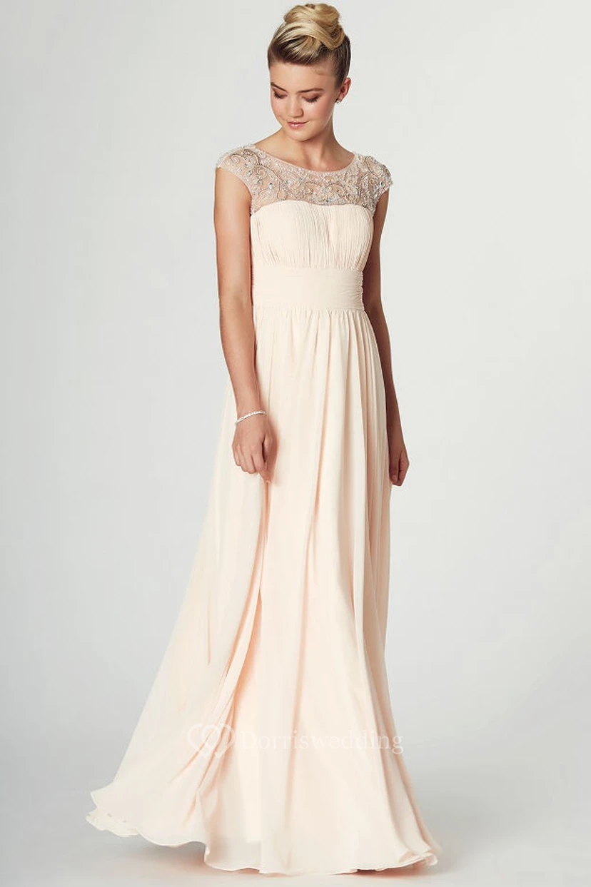 Ruched Scoop Neck Sleeveless Chiffon Prom Dress With Pleats And Beading