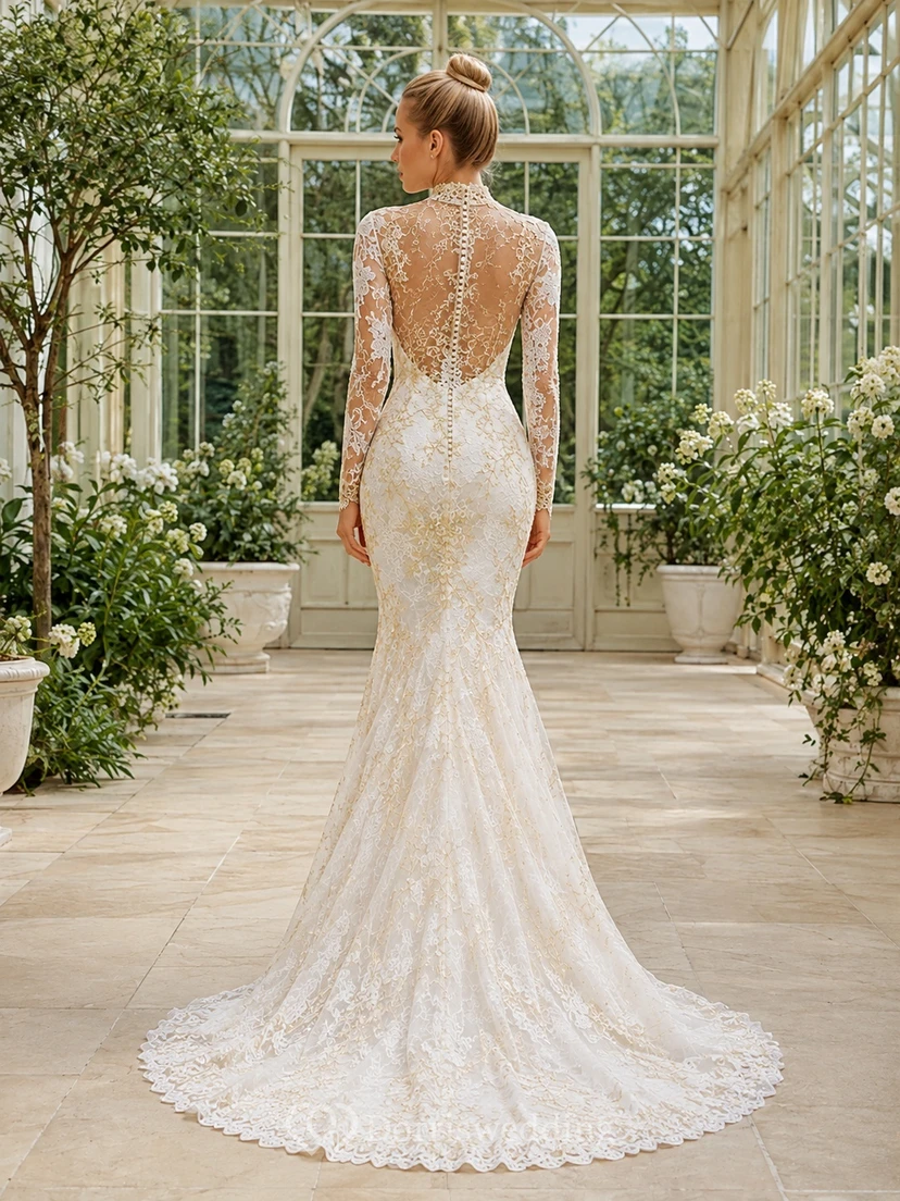 Brautkleid im Meerjungfrauen-/Trompetenstil mit vergoldetem Illusionsmotiv, hohem Kragen, langen Ärmeln, bodenlangem Schleier und luxuriöser Optik view 2