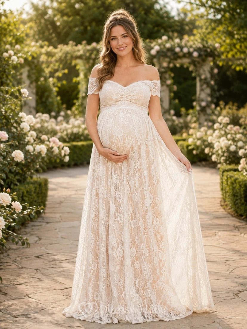 Ivory Lace V-Neck Short Sleeve Empire Maternity Gown