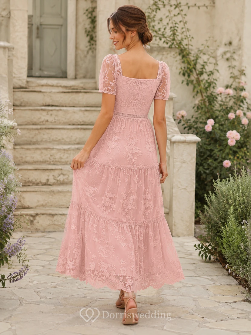 Robe de mariée rose poudré à col carré, manches bouffantes et dentelle florale à volants, longueur thé view 2