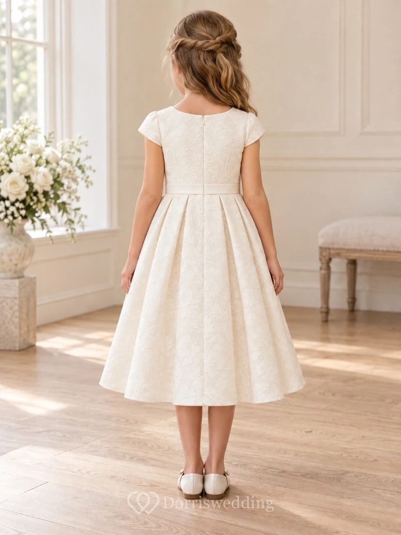 Tea-length Vintage Ivory A-line Floral Textured Cap-sleeve Pleated Flower Girl Dress view 2