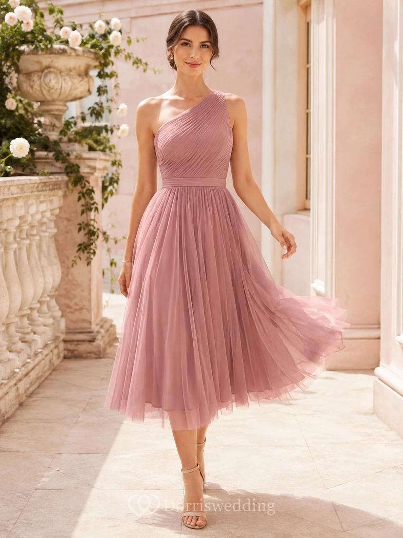 Mauve Tulle Scoop-Neck Sleeveless A-Line Tea-Length Romantic Dress