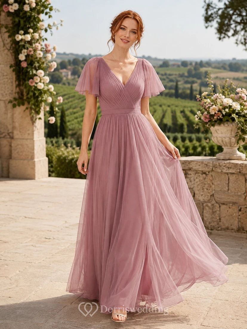 Robe de demoiselle d'honneur longue en mousseline rose poudré, col en V, manches papillon, coupe trapèze, en mousseline, couleur rose poudré