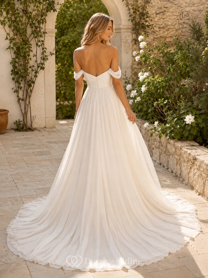 Flowing Off Shoulder Ruched Chiffon A-Line Slit Sweep Outdoor Wedding Dress view 2