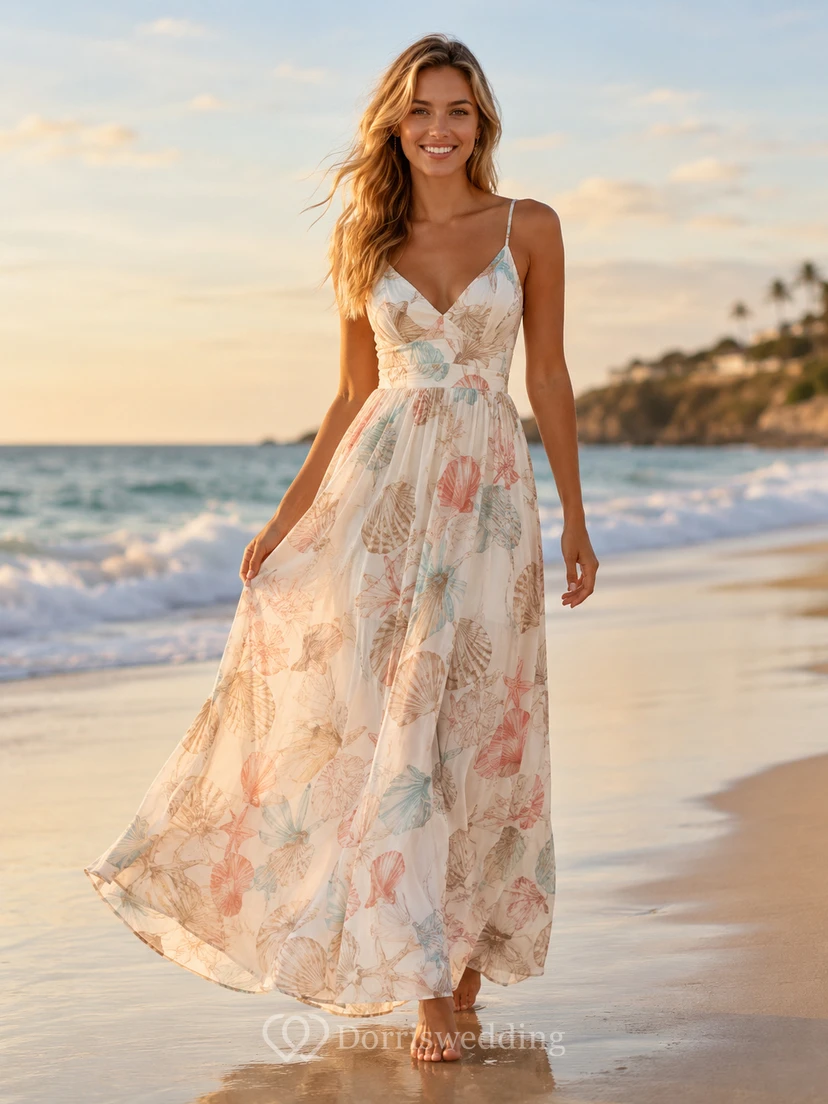 Pastel Seashell Print Spaghetti Strap Beach Maxi Dress