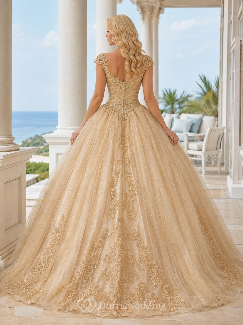 Gold Cap Sleeve Lace Princess Ball Gown Quinceanera Dress view 2
