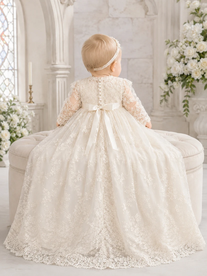 Baptism Gown A-Line Lace Tulle High Neck Long Sleeve Scalloped Hem
