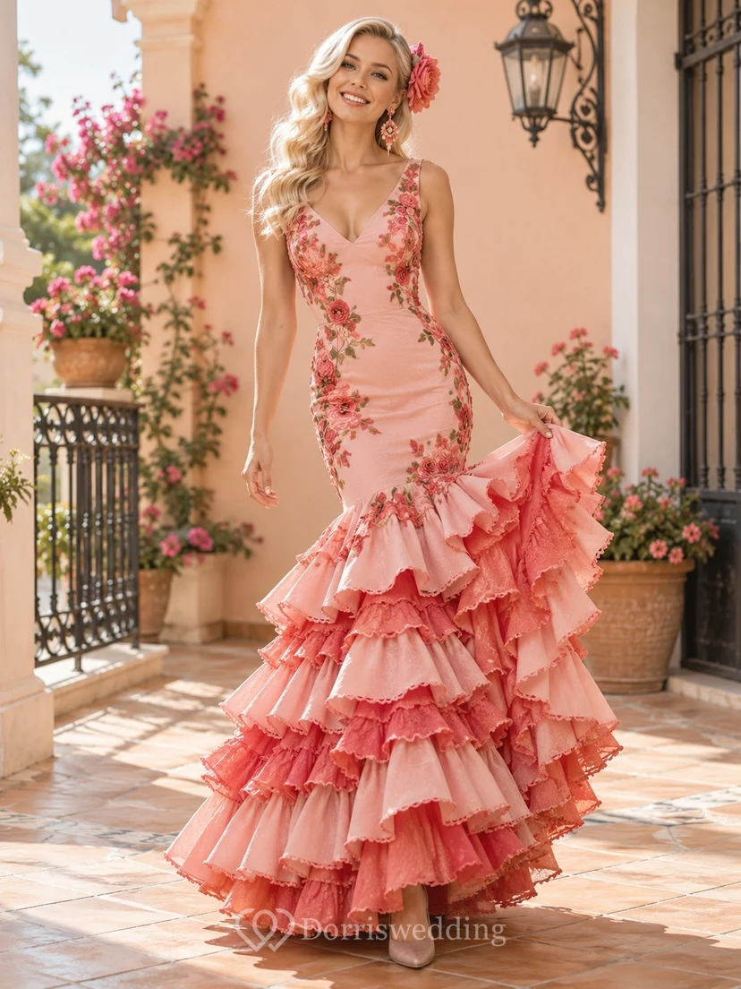 Robe de danse sirène à volants sans manches, col en V et imprimé floral rose flamenco